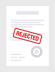 Rejected document stamp template with official red rejection mark on paper file, flat vector illustration for office paperwork, denial, business decision, audit, and legal review design
