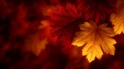 Closeup of glowing red and yellow autumn leaves
