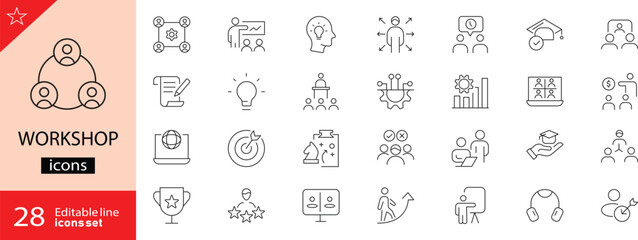 Workshop icons set. Includes symbols of tools, equipment, gears, repair, construction, maintenance, and settings. Editable stroke. Vector illustration. Outline icons. Perfect for engineering, repair, 