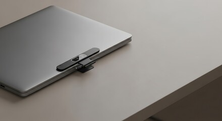 Laptop with external storage device on desk.