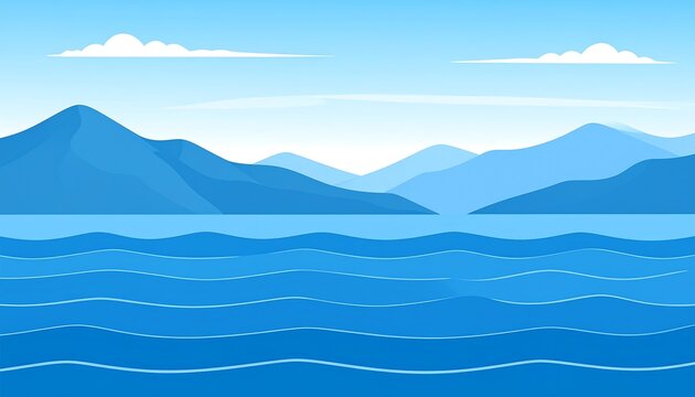 Simple, flat landscape of a serene ocean and mountains - Powered by Adobe