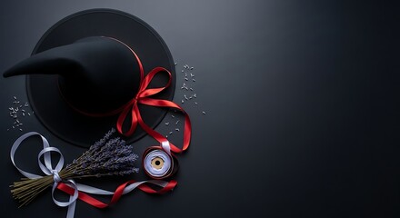 Mysterious Black Witch Hat with Ribbons for Halloween Celebration.