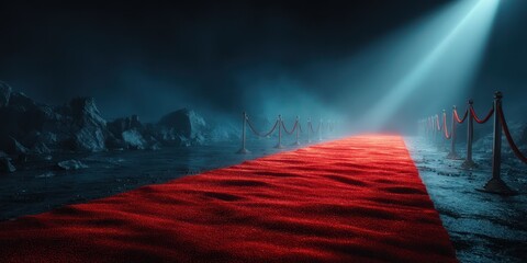Elegant red carpet leading to an enigmatic destination under mysterious lighting at night