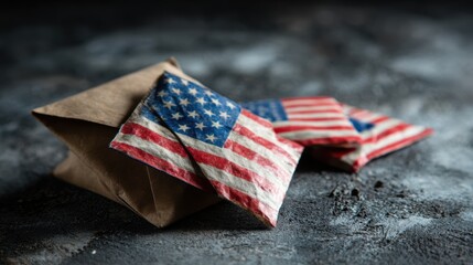American flag wrapped packages on dark surface