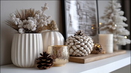 Elegant winter decor with vases, pine cones, and festive accents on shelf