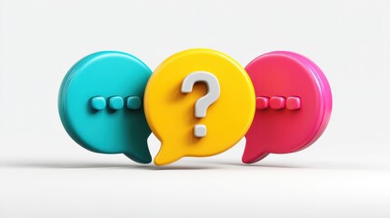 A survey chat speech bubbles with question mark symbol. Clarification, question, FAQ, QA concept. Survey reaction 3d icon illustration isolated on white background.