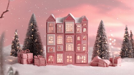 Festive winter scene with pink dollhouse, snowy trees, and gifts in pink glow