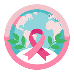 Breast cancer awareness ribbon. Circle floral emblem.