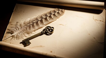 Old Scroll Feather Quill and Key.