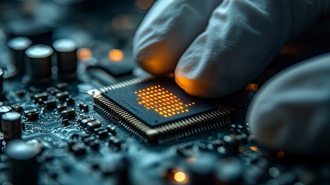 Examining electronic circuit board with gloved hands in a clean isolated lab environment, inspecting technology - Powered by Adobe