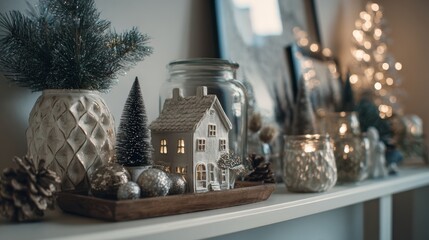 Cozy christmas shelf decor with miniature house and glittering ornaments