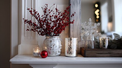 Festive holiday decor with red berries and candles on white mantelpiece