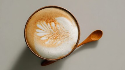 Creamy cappuccino with latte art and wooden spoon on neutral background