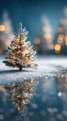 Winter wonderland with a decorated Christmas tree reflecting in water