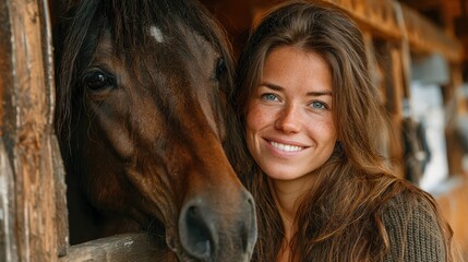 Smiling woman poses with brown horse in rustic stable during sunny afternoon