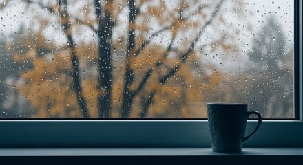 Rainy autumn day with a warm drink by the window.