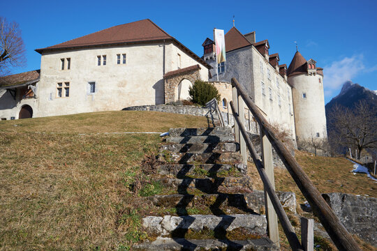 Castillo de piedra con torres y tejados rojizos, escalera de acceso y cielo azul sobre la loma.