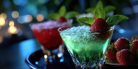 Colorful fruit cocktails with fresh mint and raspberries served at a vibrant evening gathering