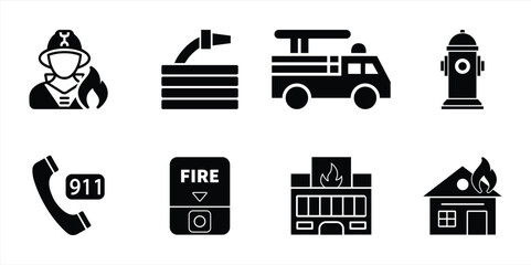 Firefighter and Emergency Icon Set – Vector Illustration of Fireman, Fire Truck, Hose, Hydrant, Emergency Call 911, Fire Alarm, Burning Building, and House Fire for Safety, Rescue, and Fire Department
