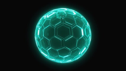 Glowing turquoise hexagonal sphere floats in dark digital space, representing futuristic technology, artificial intelligence, blockchain, virtual networks, global data exchange, scientific innovation