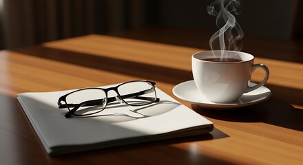 Steaming coffee with eyeglasses and notebook on a wooden table in sunlight.