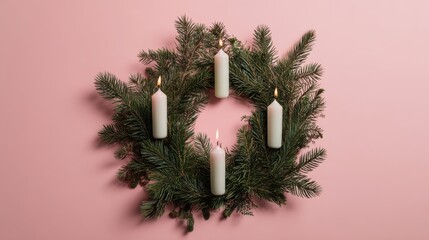 Festive christmas wreath with lit candles on pink background