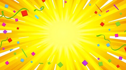 A vibrant yellow celebration background with confetti. A dynamic cartoon design with radial lines, perfect for birthdays, parties. Generative Ai.