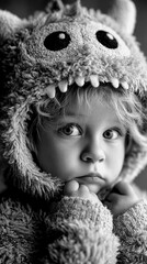 Cute child in monster hoodie with a thoughtful expression indoors