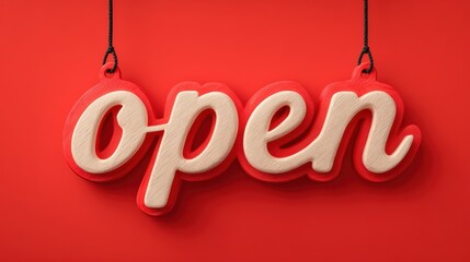 Retro style open sign with red background and hanging ropes