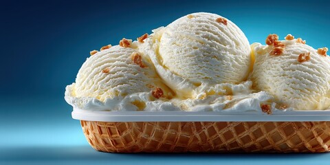 Delicious ice cream served in a waffle cone topped with crunchy nuts and creamy sauce