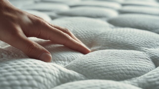 Close-up of hand testing soft mattress surface with gentle pressure - Powered by Adobe