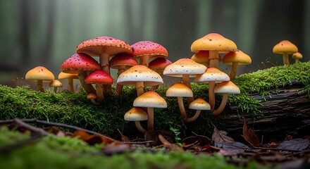 A cluster of colorful mushrooms grows on a mossy log in a forest, showcasing vibrant orange, red, and yellow hues against a blurred green background.