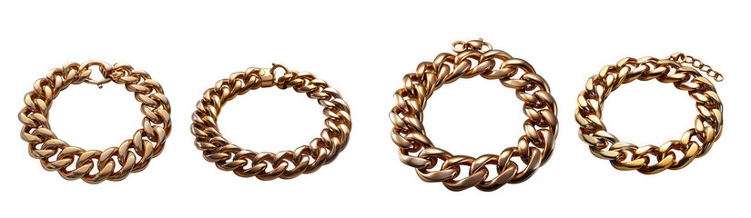 Obraz premium Four different gold chain bracelets, isolated on transparent background