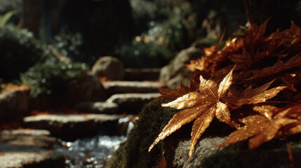Golden maple leaves on rocks by garden steps