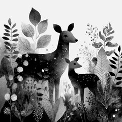 Deer and fawn surrounded by lush foliage in black and white design