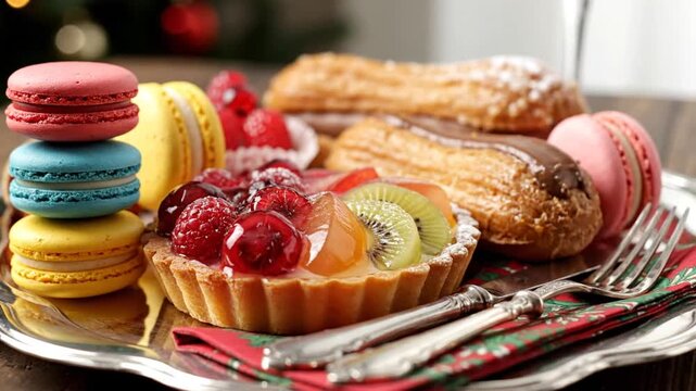A silver tray laden with an assortment of colorful French pastries including macarons, fruit tarts, and chocolate eclairs, with festive cutlery.