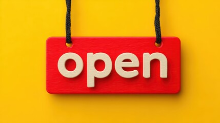 Red open sign on vibrant yellow background with black cord