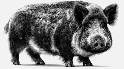 Black and white illustration of a wild boar in a natural setting