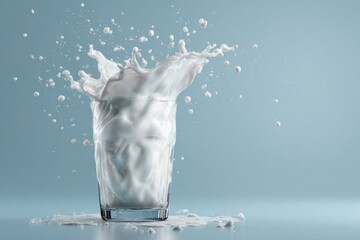 Dynamic milk splash overflowing from a clear glass with liquid droplets on a serene light blue background