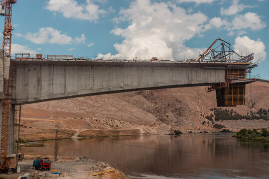 Construction of a bridge over Euphrates (Firat) river under the Ataturk dam, Turkey