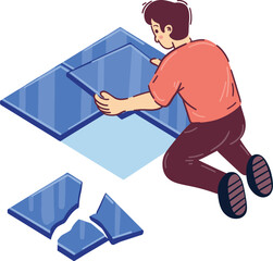 Person installing blue square tiles on a light blue surface
