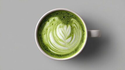 Top view of matcha latte with decorative leaf art in white mug on gray background