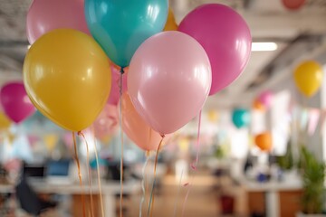 Colorful balloons and festive decorations create a joyful atmosphere in an office party setting full of celebration and camaraderie among coworkers