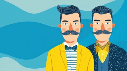 Stylized portrait of two fashionable men with mustaches in vibrant suits