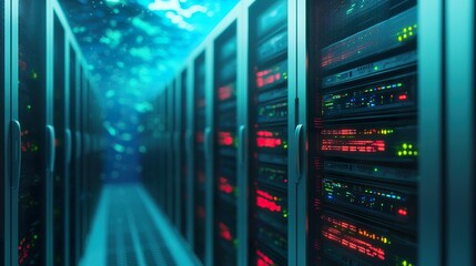 Underwater data center with glowing servers, marine life swimming nearby, sustainable computing, innovative infrastructure.