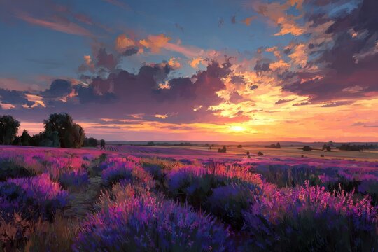 Expansive blooming lavender field bathed in golden sunset light under a dramatic colorful cloudy sky