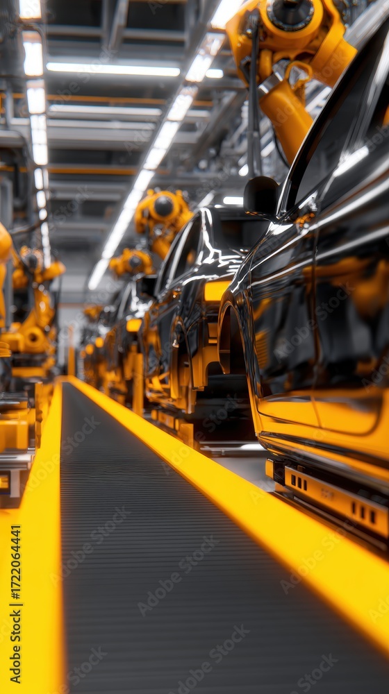 Poster automated assembly line showcasing robotic arms constructing sleek black cars in a modern factory se