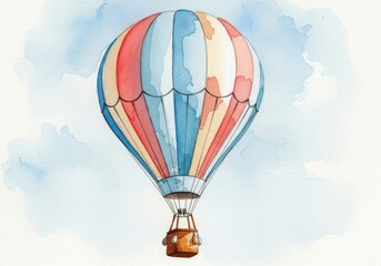 Fototapeta premium A colorful watercolor hot air balloon with red, blue, and white stripes floating in a cloudy blue sky