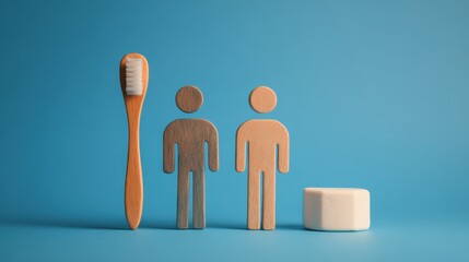 Wooden figures with toothbrush and marshmallow on blue background