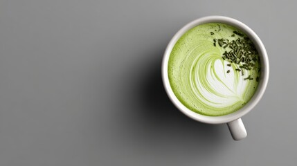 Matcha latte with latte art and green tea sprinkles in a white mug on gray surface